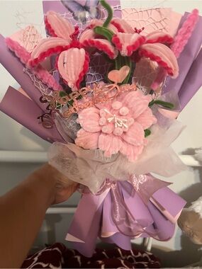 Pink Plush Flower Bouquet - Decorative Soft Fabric Arrangement